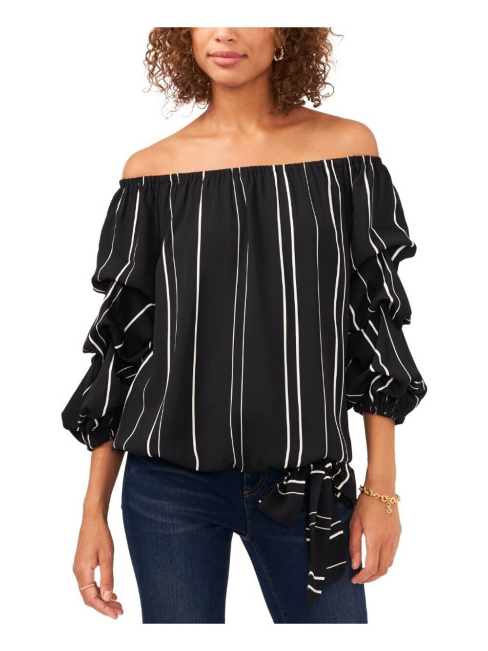 NWT Vince Camuto Black & White Stripe Off Shoulder Sleeve Blouse L MSRP $69